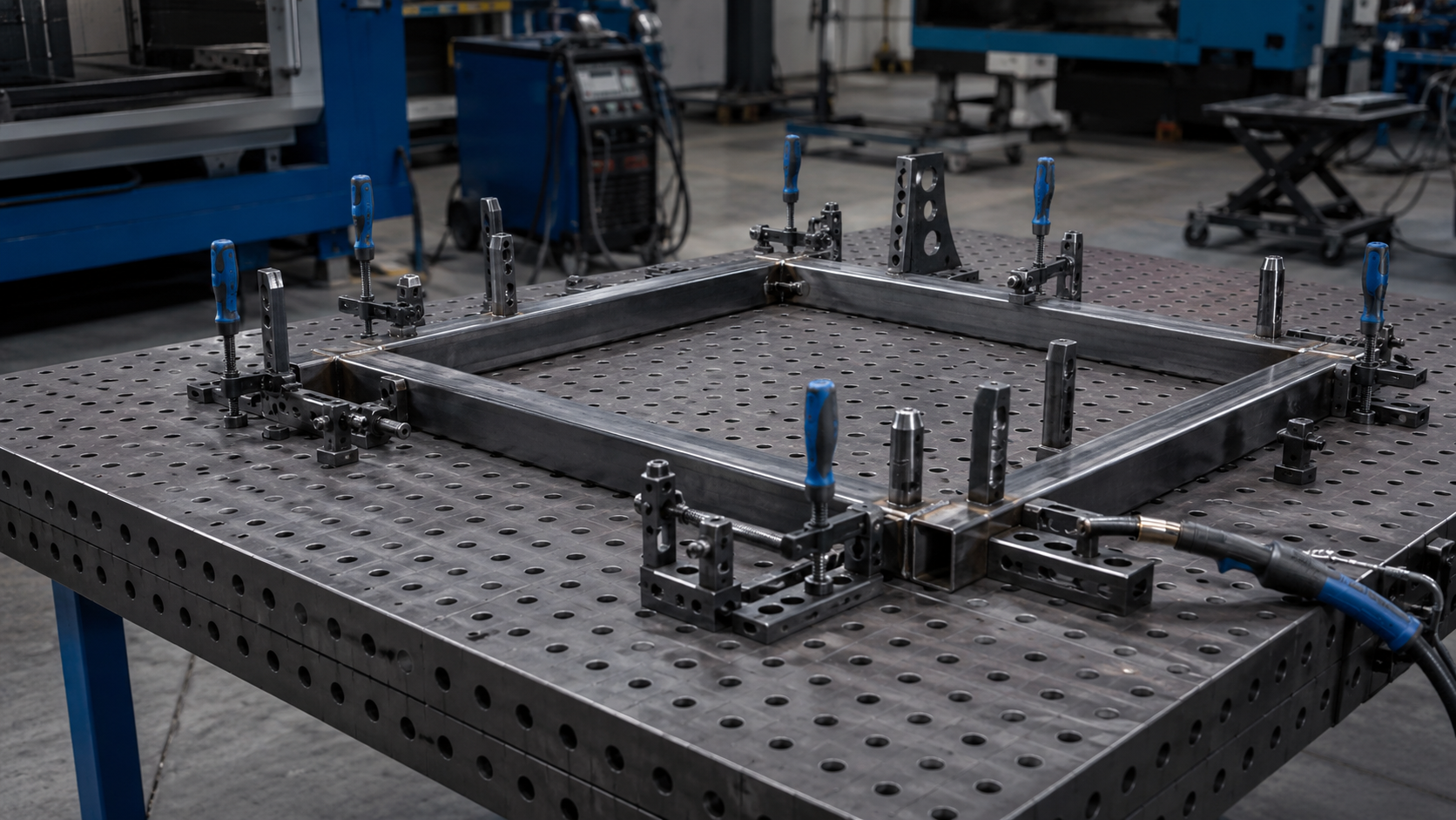 Masă de sudură modulară cu cleme și bolțuri pentru configurarea rapidă a unui jig industrial